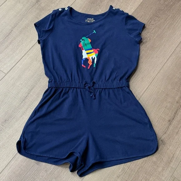 Polo Ralph Lauren Girls Navy Blue Cotton Jersey Pony Romper Girls M 8-10 - Picture 2 of 8